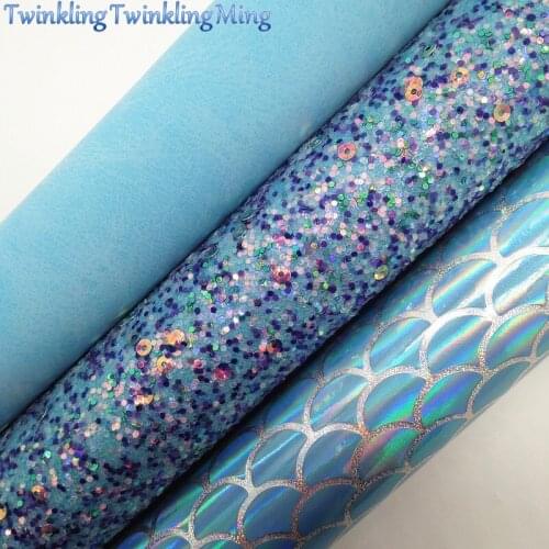 BLUE Glitter Fabric, SUEDE Synthetic Leather, Mermaid Faux Fabric Sheets For Bow A4 21x29CM Twinkling Ming XM004A