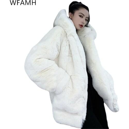 Loose plush fur coat women 2021 winter new thick fashion hoodie coat imitation rex rabbit mid-length Thick Warm Fur Pockets