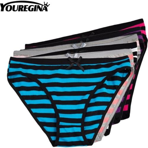 YOUREGINA Womens Bowknot Simple Striped Panties Underwear Cotton Briefs Female Sexy Ladies Soft Comfortable 6pcs/lot M L XL XXL