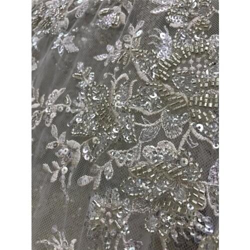 High-end white wedding bead tube flower sequin lace, French tulle embroidery, suitable for wedding dress