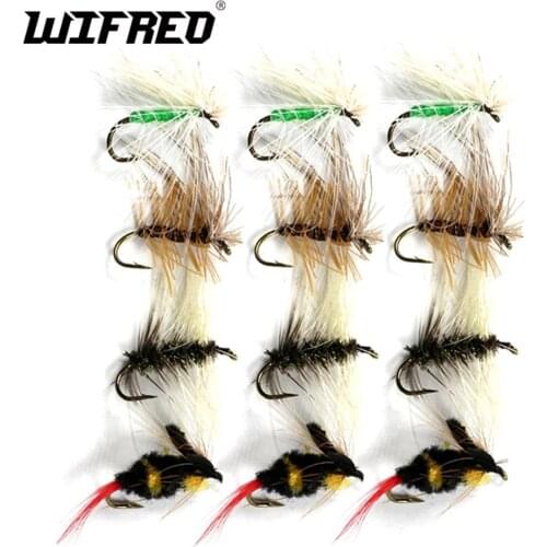 Wifreo 12PCS/Box Fly Fishing Dry Fly Set Bumble Bee + Caddis Green Brown + Mosquito Gnat Flies Trout Fly Fish Lures #12 Hook