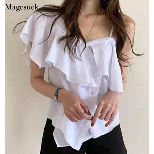 Korean Chic Sexy Off-shoulder Sling Shirt Women Ruffles Stitching Elegant White Blouse Single-breasted Asymmetry Lady Tops 14814