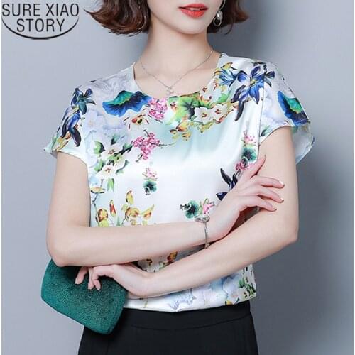 Elegant Women Floral Print Silk Plus Size Blouse 2021 Summer Korean Loose Short Sleeve Round Collar Casual Ladies Tops 9373 50