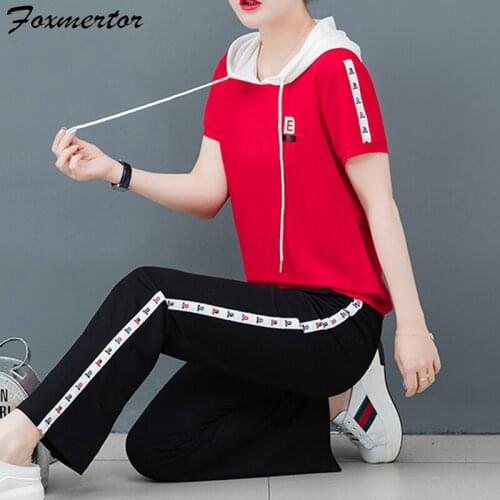 Cotton Tracksuit Two Piece Set Women Casual Hooded Short Sleeve Pullover And Pants Suit Runway Fashion 2020 Summer HH20