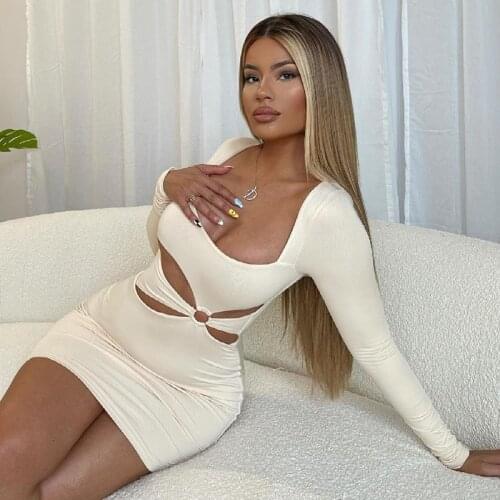 2021 New Summer Fashion Design Hollow Out Women Close-fitting Dress Solid Color U-shaped Collar Long Sleeve Apricot/ Orange