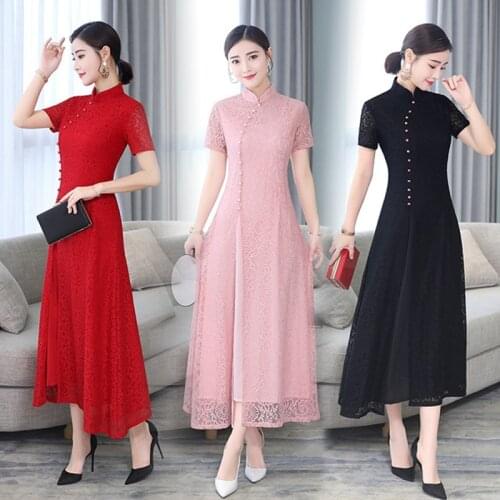 Autumn Winter Sexy Chinese Traditional Dress Lace Long Cheongsam Plus Size Short Sleeve Qipao Dress Mandarin Collar M-3XL