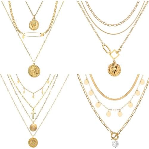 2021 New Vintage Snake Chain Multilayer Necklace For Women Coin Avatar Pendant Necklace Fashion Statement Gift Jewelry