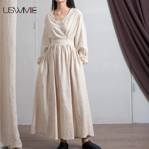 2020 Elegant Dress Chinese Style Collect Waist V-neck Solid Color Pockets Vintage Dress Long Sleeve Pockets Plus Size Vestidos