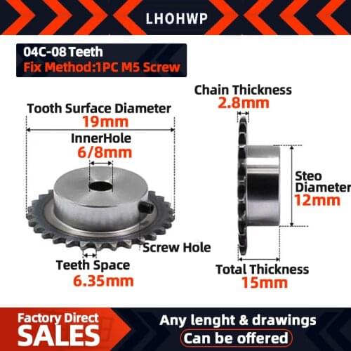 2pc 04c sprocket 8Teeth inner hole 6/8mm 25H 45# steel two-point sprocket 04c table wheel finished hole sprocket screw hole M5