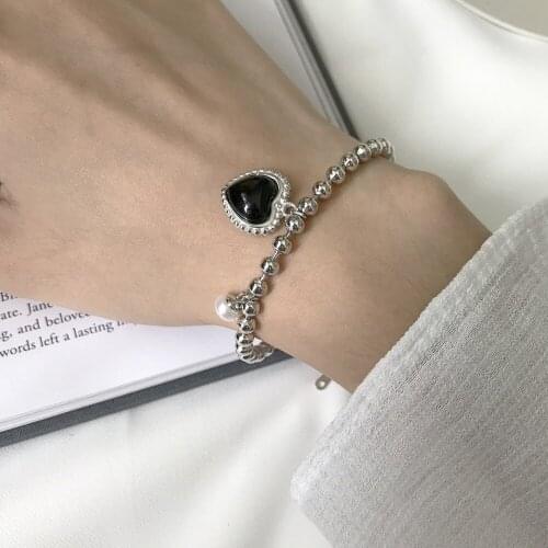 1pc Retro Authentic 925 Sterling silver Black Agate Love Heart with Polished Lucky Round Ball Chain Bracelet XLS90