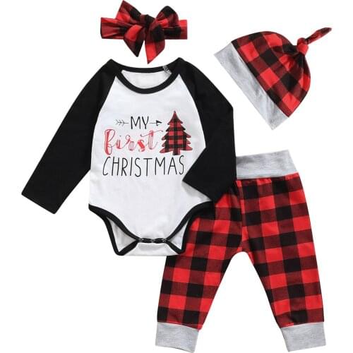 4pcs Christmas Baby Girls Boys Outfit Tree Letter Printed Long Sleeve Romper Top+Plaid Pants+Cap+Headwear Clothes Set