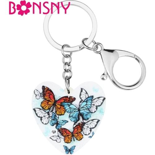 Bonsny Acrylic Heart Colorful Butterflies Keychains Key Ring Animal Jewelry Gift For Women Teens Handbag Purse Pendant Accessory