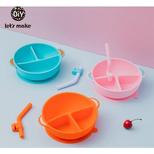 Lets Make 1Set Baby Silicone Plate Kids Bowl Plates Dishes Kids Tableware Straw Sucker Waterproof Non-Slip Feeding Dinner Soft