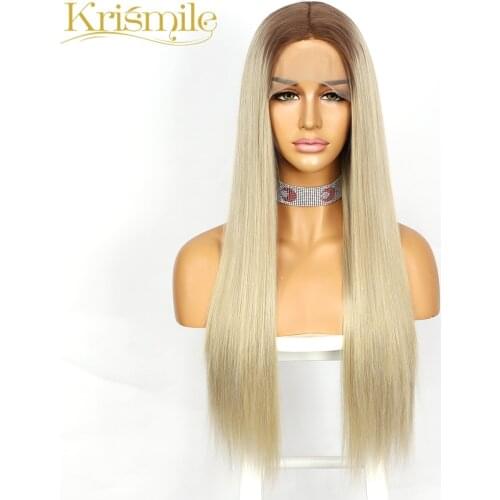 Long Straight Synthetic Lace Wig Ombre Blonde T Middle Parting Wig Daily Wear for Women Cosplay Party Heat Resistant Celebrity