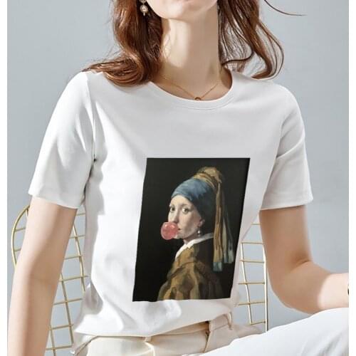 Summer Womens T-shirt Casual Basic T-shirt Funny Creative Famous Painting Pattern Printing O-neck Slim Commuter Short Sleeves