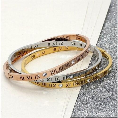 Hot Sale Fashion Titanium Steel Bangles Crystal Rose Gold White Gold Bangles Roman Numerals Womens Bracelet B013