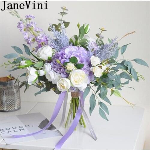 JaneVini Purple Flowers Bridal Silk Flower Bouquet Artificial Rose Blue Bride Leaves Brooch Bouquet Mariage Wedding Accessories