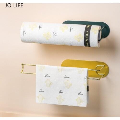 JO LIFE Wall Mounted Self-adhesive Roll Paper Holder Kitchen Paper Towel Storage Rack Cabinet Hanging Tissue Shelf