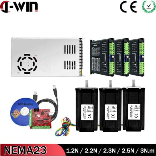 3/4 Kit NEMA23 Stepper Motor kit：DC Motor 428Oz-in with Motor Driver TB6600 DM542 DM556+Power Supply+MACH3 Interface Board Cable