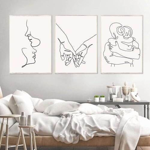 Couple Hug Kiss Poster Hand In Hand Wall Art Painting Abstract Line Drawing Canvas Print Minimalist Wall Pictures Bedroom Decor
