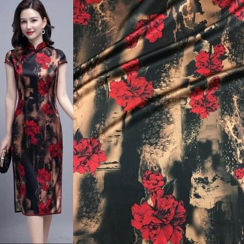 Peony printing ancient rhyme red stretch digital printing natural mulberry silk high fashion fabric dress shirt scarf sewing