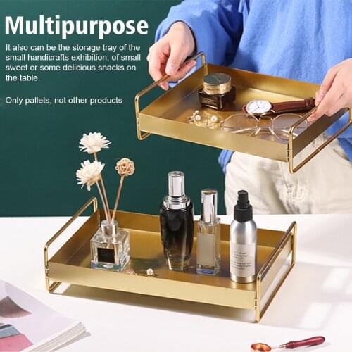 Storage Tray Presentation Plates For Jewelry Cosmetic Display Gold Rectangle Kitchen Tableware Iron Art With Handle Decorative