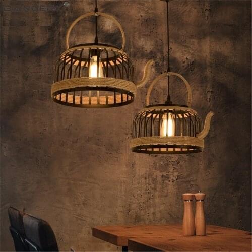 Retro Hemp Rope Pendant Light LED Edison Industrial Vintage Lighting Dining Room Hanging Lamp Loft Decor Iron Teapot Droplight