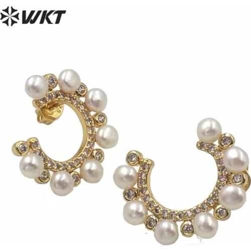 ME075 Romantic Natural Freshwater Pearl Earrings Stud With CZ Paved Gold/Silver Plated Earrings C Shape Charming Earrings Lady