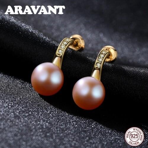 925 Sterling Silver Gold Color 7-8 MM Teardrop Freshwater Pearl Stud Earrings For Women Fashion Pearl Earring Jewelry