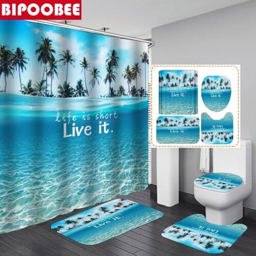 4 In1 Blue Sea Shower Curtain Bathroom Curtains Polyester Summer Beach Pedestal Rug Lid Toilet Cover Carpet Bath Mat Set