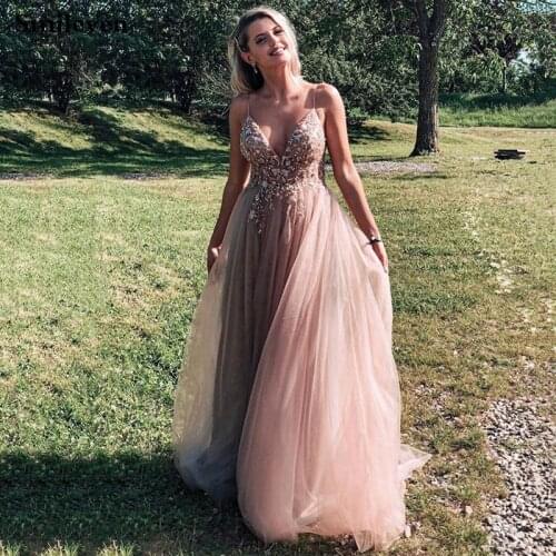 Smileven Dirty Pink Prom Dress Elegant Spaghetti Straps Crystal Beaded Evening Party Gowns Longo Backless Evening Dreses