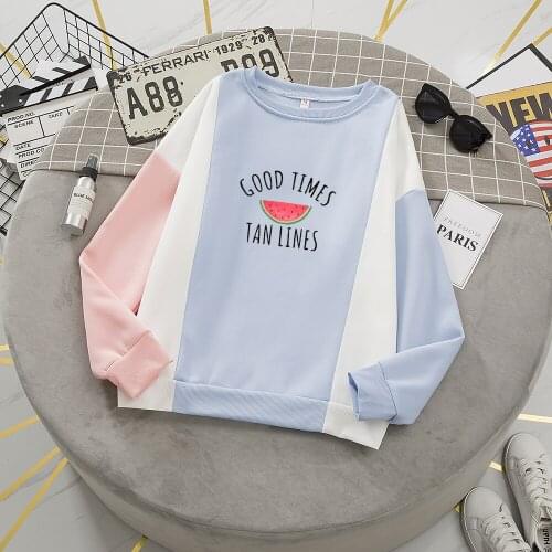 Letter Cute Hoodie Women Sweatshirt Autumu Pink Streetwear Tops Hoodies Pullover Girls Oversize Sweatshirt Color Patchwork