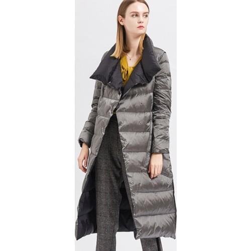 2021 Winter New Women Ultra Light Two Sided Long Puffer Jacket Female White Duck Down Splicing Double Breasted Warm Snow Coat