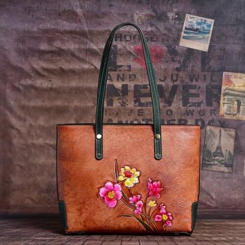 Genuine Leather Women Tote Top Handle Bag Shoulder Bags Female Real Cowhide Floral Pattern High Quality Handbag