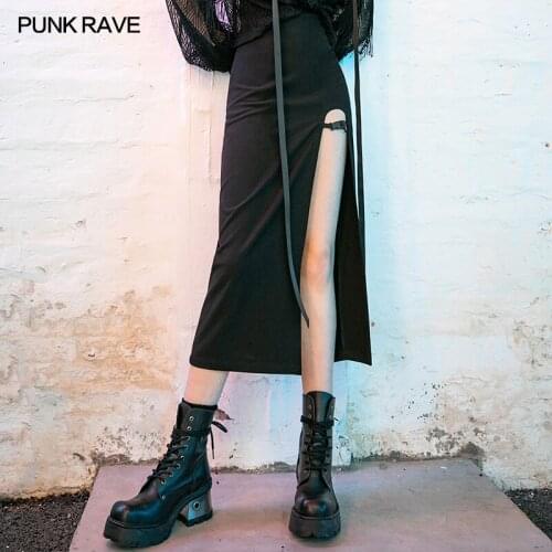 PUNK RAVE Womens High-waisted Sexy Medium-length Skirt Punk Micro Elastic Woven Twill Personality Casual Slim Women Skirt