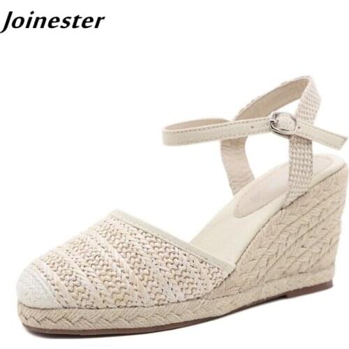 Straw Braided Women Wedge Sandals 2021 Summer Closed Toe Pumps for Ladies Ankle Strap Fisherman Shoes босоножки женские