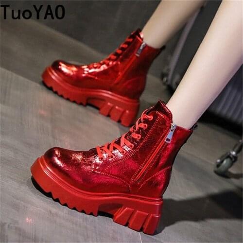 Womens Autumn Ankle Boots Platform Breathable Chunky Sneakers Short Boots Round Toe 7cm Heel Thick Bottom Winter Boots New 2020