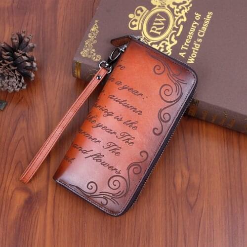 Women Genuine Leather Wallet Long Clutch Handy Bag Printing Word Pattern Female Card Retro Ladies Clips Purse