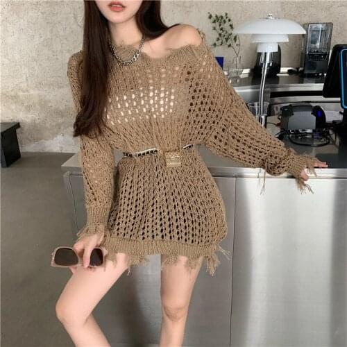 Beach Sexy Hole Sweater Asymmetric Hem Loose Knitted Crochet Heart Shape Hollow Out Thin Knit Sweater Jumper Tops Tassel Holiday