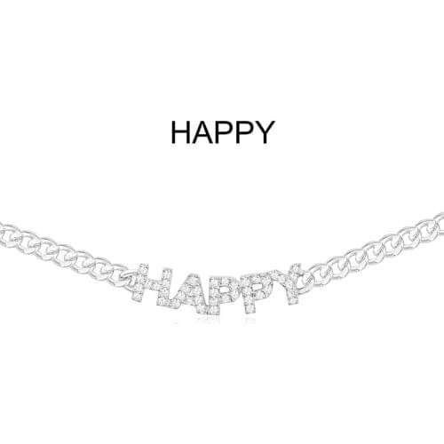 SLJELY Luxury Brand 925 Sterling Silver HAPPY Letters Chain Necklace Micro Cubic Zirconia Alphabet Choker Fine Women Jewelry