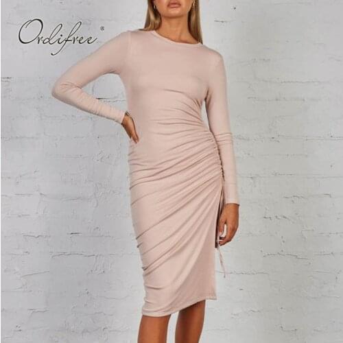Ordifree 2021 Autumn 2021 Women Slit Party Dress Long Sleeve Stretch Sexy Bodycon Pencil Dress