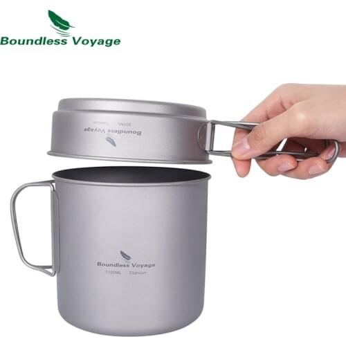 Boundless Voyage Camping Titanium Cup Pan Set Outdoor Picnic Hiking Pot Plate Lightweight Cookware with Folding Handles