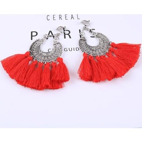 Bohemian Vintage Geometric Sector Tassel Clip on Earrings Without Piercing Trendy Cotton Rope Fringe Long Ear Clip for Women
