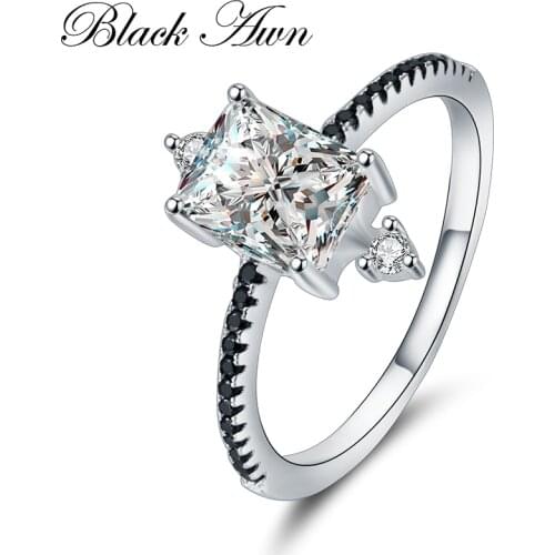 BLACK AWN 925 Sterling Silver Row Black Stone Engagement Rings for Women Fine Jewelry Bague C312