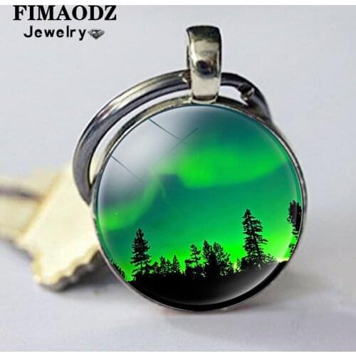 FIMAODZ Northern Lights Keychain Beautiful Night Sky Glass Cabochon Alloy Pendant Fashion Key Chain Astronomy Lover Gift