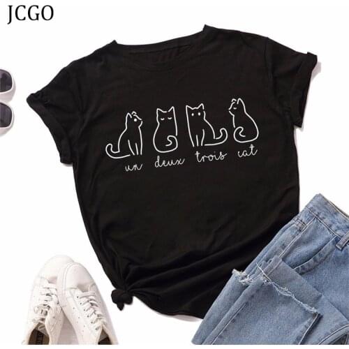 JCGO Summer Women T Shirt S-5XL Plus Size Cotton Cute Cats Print Short Sleeve Ladies Basic Tees Tops Casual O-Neck Female TShirt