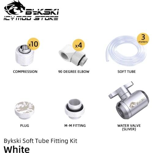 Bykski Soft Tube Fitting Kit Hose Compression 90 Degree Elbow Male To Male Fitting Plug Water Valve 3-meter 13mm 16mm Hose Combo