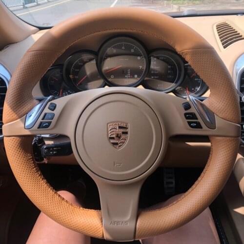 Brown & Brown Hole Leather Brown Thread Steering Wheel Hand Sewing Wrap Cover Fit For Porsche Cayenne / Panamera 2010-2011