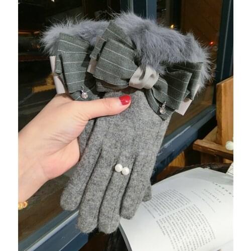 New Korean touch screen gloves wool bow warm knitted women Cashmere gray spring winter gloves thick lovely mittens