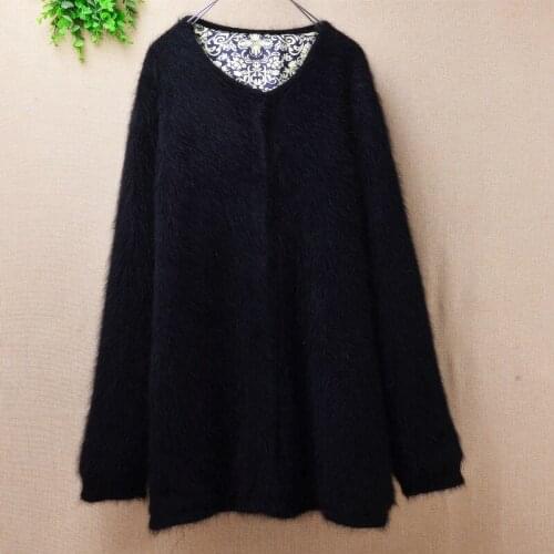 Causal women Long Sleeve Knitted medium-long coat mink cashmere Sweater rabbit fur Outwear Coat Ladies black Sweater jackets